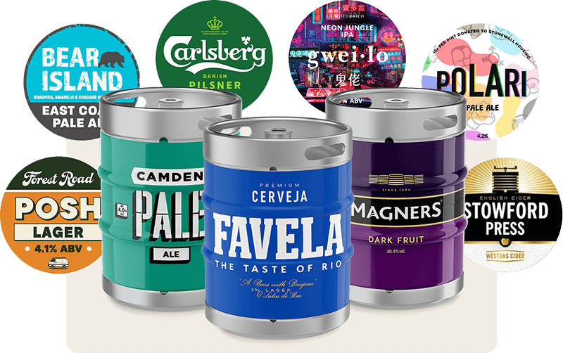 Branded-Kegs-and-beers-logos-Carlsberg-Stowford-Press-Bear-Island-Polari-favela